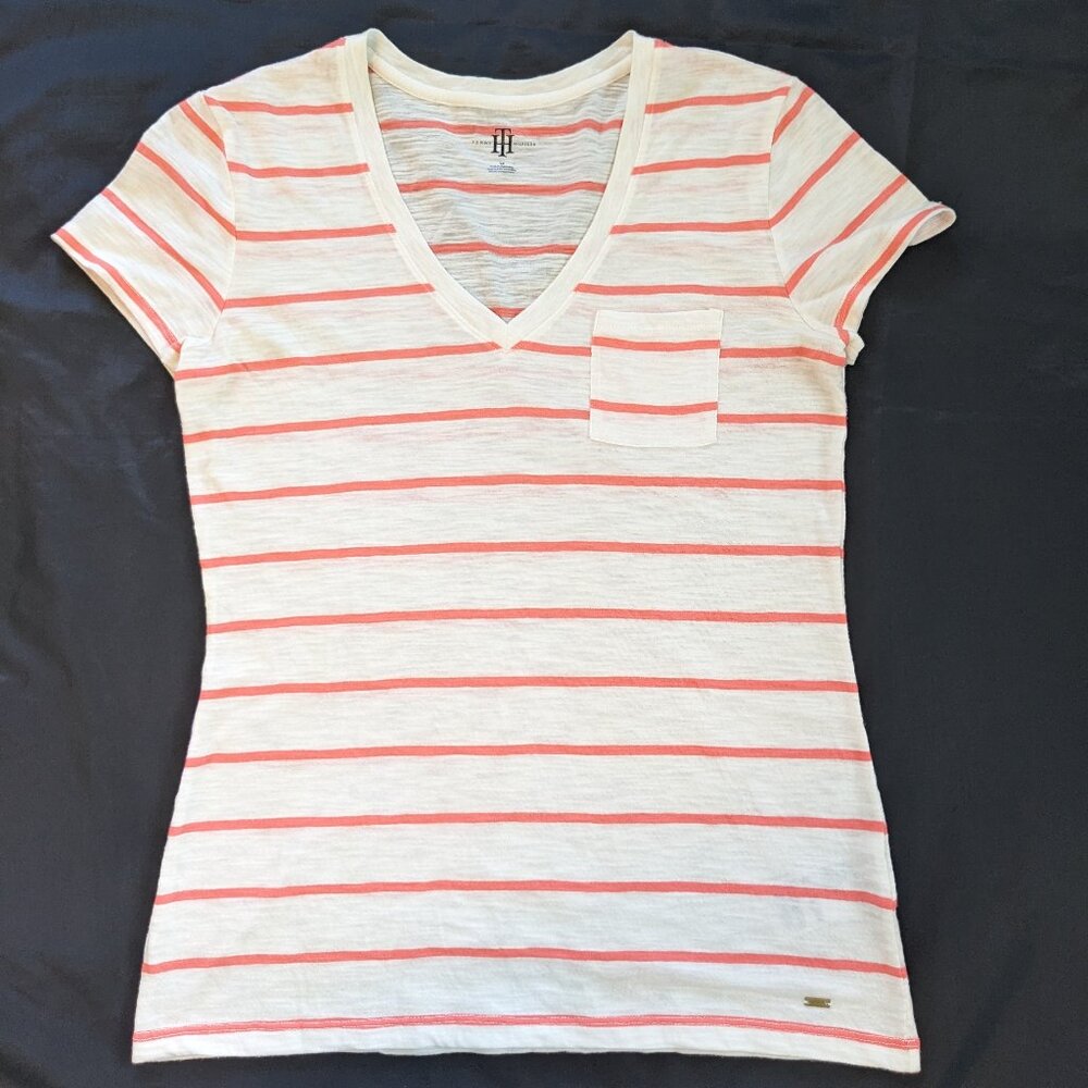 Tommy Hilfiger V neck pocket T shirt White with Coral Stripes Size S